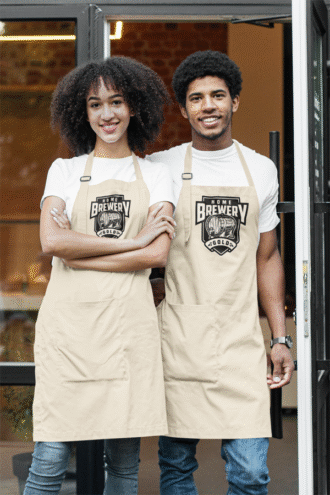 apron mockup featuring two waiters posing outside a restaurant m2866 r el2